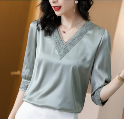 Temperament V-neck silk shirt