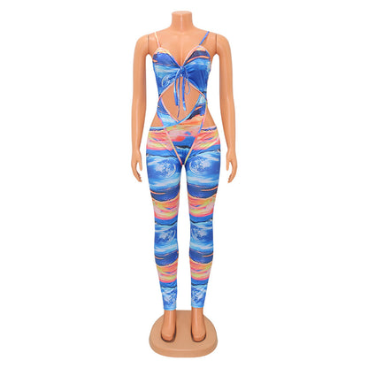 Women's Fashion Milk Silk Print Cutout Jumpsuit