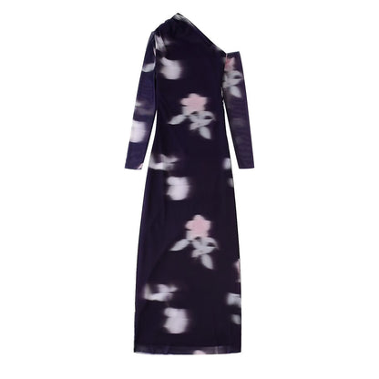 Printed Silk Net Asymmetric Collar Dress