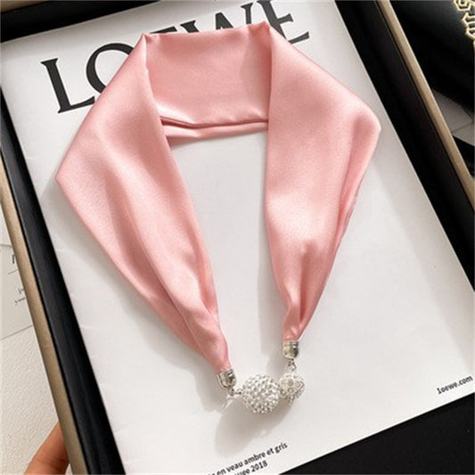 Solid Color Magnetic Button Silk Scarf Necklace Pendant Decoration