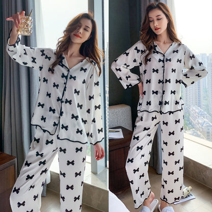 Women's Ice Silk Thin Suit Long Sleeve Bow Print Homewear