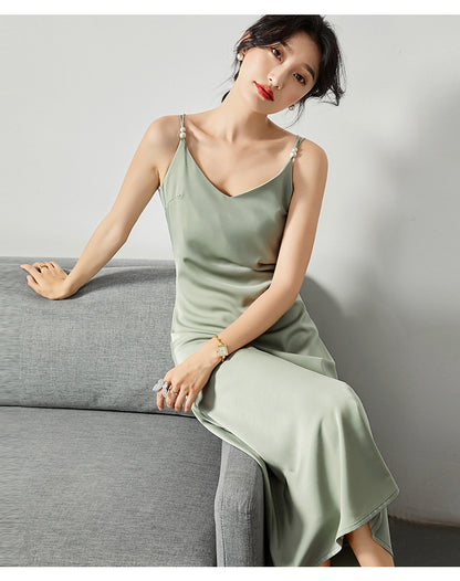 Acetate satin dress V-neck slim high-end temperament silk suspender skirt