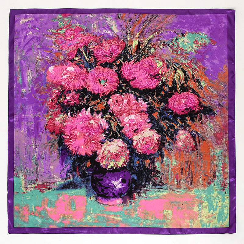 Oil Painting Style Silk Scarf 90cm Large Kerchief New Satin Imitated Silk Scarves European And American Retro Printed Shawl Scarf For Women