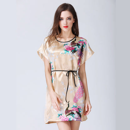 Imitation Silk Nightdress Round Neck And Thin Belt Women's Silk Pajamas