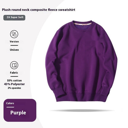 Purple fleece sweatshirt on a white background with product details.