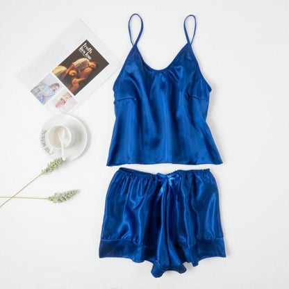Faux Silk V-neck Lace Pajama Shorts Suit