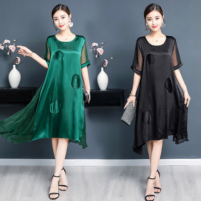 Mom Solid Color Over Knee Faux Silk Dress