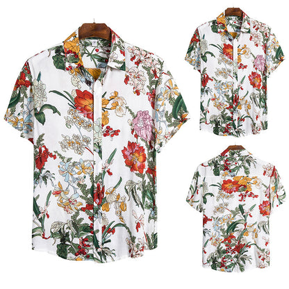 Patterned silk-cotton shirt with short sleeves