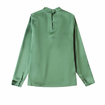 Women's Green Draped Neck Silk Satin Long Sleeve Shirt