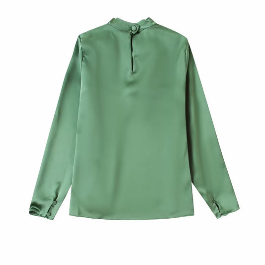 Women's Green Draped Neck Silk Satin Long Sleeve Shirt