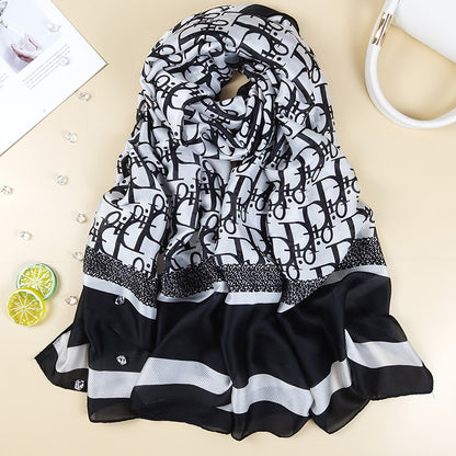 Outdoor All-match Printed Silk Scarf Women's Thin Silk Sunscreen And Breathable
