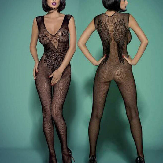 Silk Stockings One-piece Silk Stockings Hollowed-out Jacquard Suspender Jumpsuit