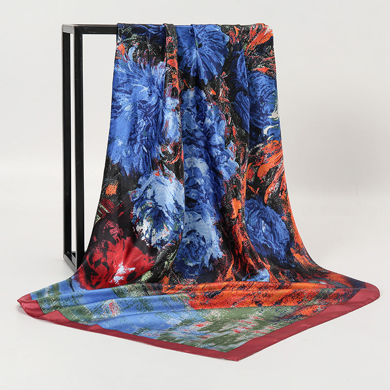 Oil Painting Style Silk Scarf 90cm Large Kerchief New Satin Imitated Silk Scarves European And American Retro Printed Shawl Scarf For Women