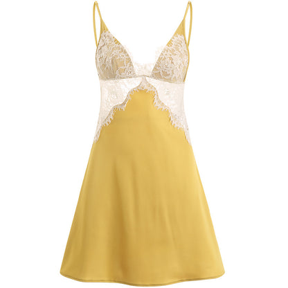 Faux silk sexy lace pajamas dress