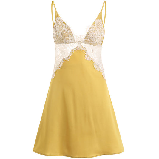 Faux silk sexy lace pajamas dress