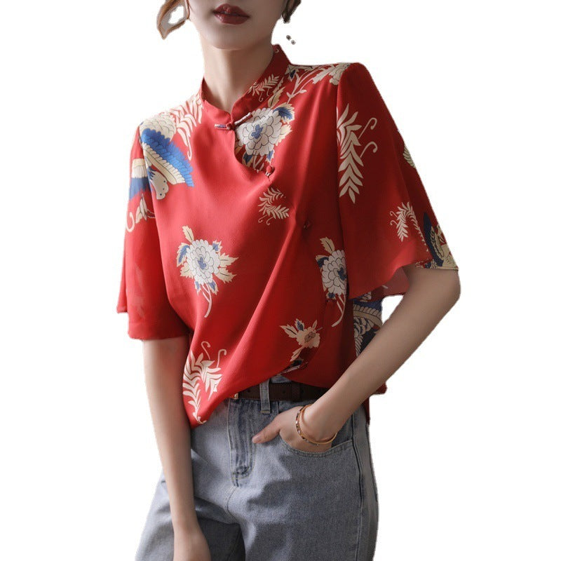 Chinese Style Women's Stand-up Collar Silk Shirt Women
