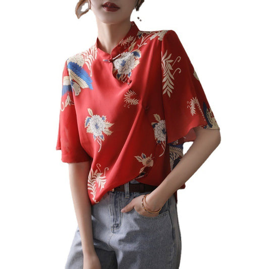 Chinese Style Women's Stand-up Collar Silk Shirt Women