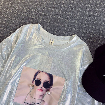Ice Silk Beaded Short-sleeved T-shirt Women Trend