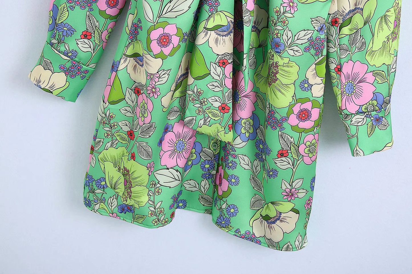 Silk Satin Floral Print V-Neck Dress Short Skirt