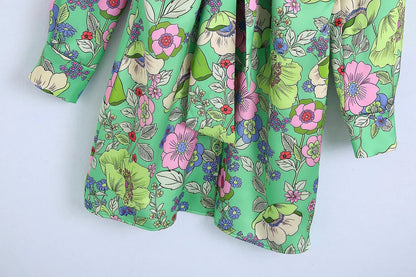 Silk Satin Floral Print V-Neck Dress Short Skirt