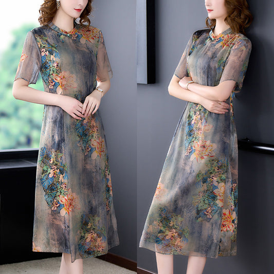 Elegant Cheongsam Chinese Style Silk Chiffon Dress