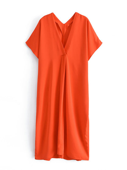 Women's V-neck Orange Women's Loose Casual Silk Satin Texture Long Shirt Dress