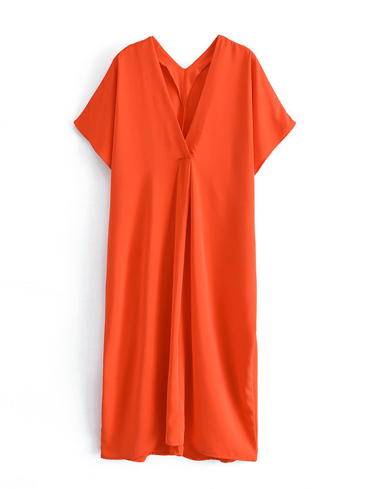 Women's V-neck Orange Women's Loose Casual Silk Satin Texture Long Shirt Dress