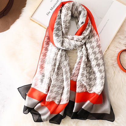 Imitated Silk Scarves Neck Protection Warm Houndstooth Fashion Temperament Long Wild Silk Scarf Satin Fashion Socialite Shawl