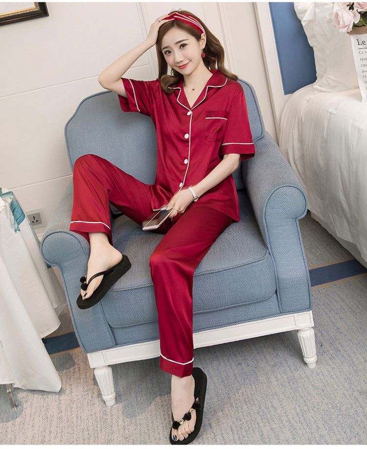 Silk-like Summer Short-sleeved Trousers Cardigan Girl Silk