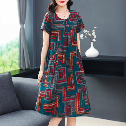Plus Size Middle-aged And Elderly Cotton Silk Meat-covering Dress