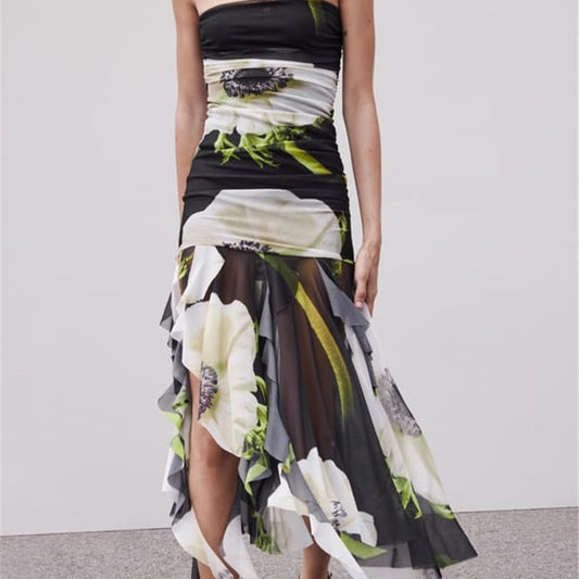 Printed Silk Net Tube Top Dress