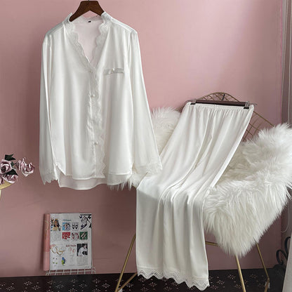 Pajama Lady Ice Silk Long Sleeve Plain Lace