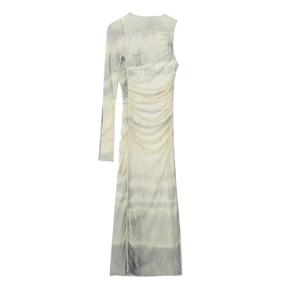 Printed Silk Mesh Asymmetric Dress