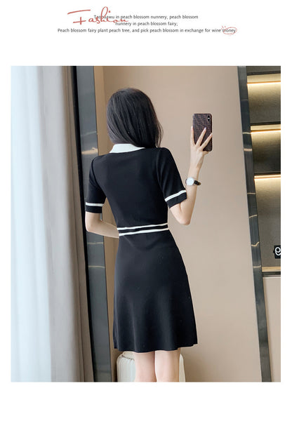 Classic Style Short Sleeve Slimming High Waist A- Line Ice Silk Dress