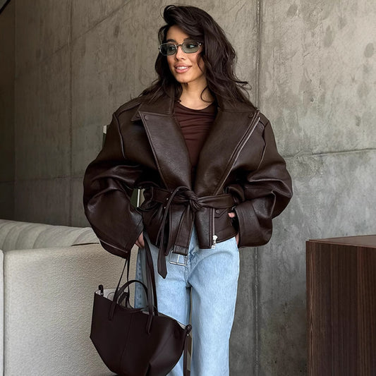 GraceLuxe™ Lace-Up Leather Coat