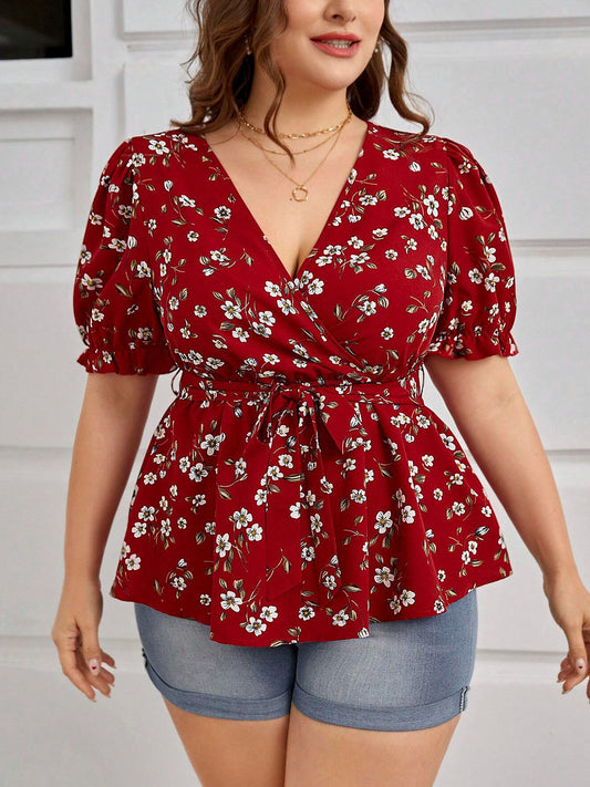 Floravive Belted V-Neck Blouse