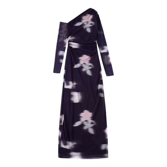 Printed Silk Net Asymmetric Collar Dress