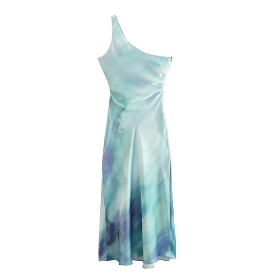 Women's Loading And Unloading Collar Pleated Silk Satin Texture Dress