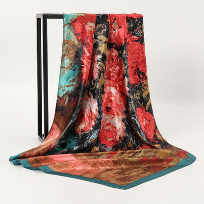 Oil Painting Style Silk Scarf 90cm Large Kerchief New Satin Imitated Silk Scarves European And American Retro Printed Shawl Scarf For Women