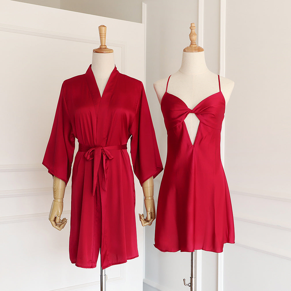Ice Silk Pajama Suspender With Lace And Chest Pad