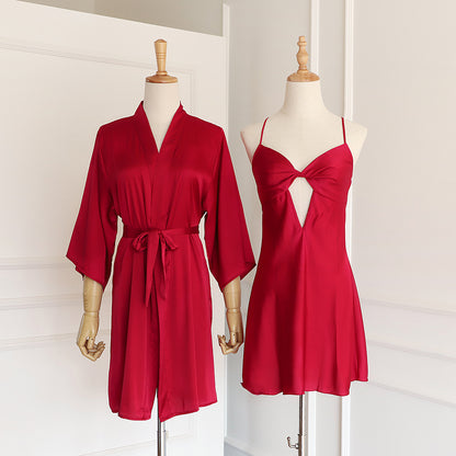 Ice Silk Pajama Suspender With Lace And Chest Pad