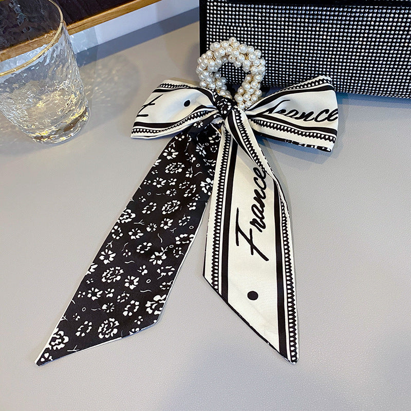 Pearl Head Rope Ribbon Silk Scarf Headband