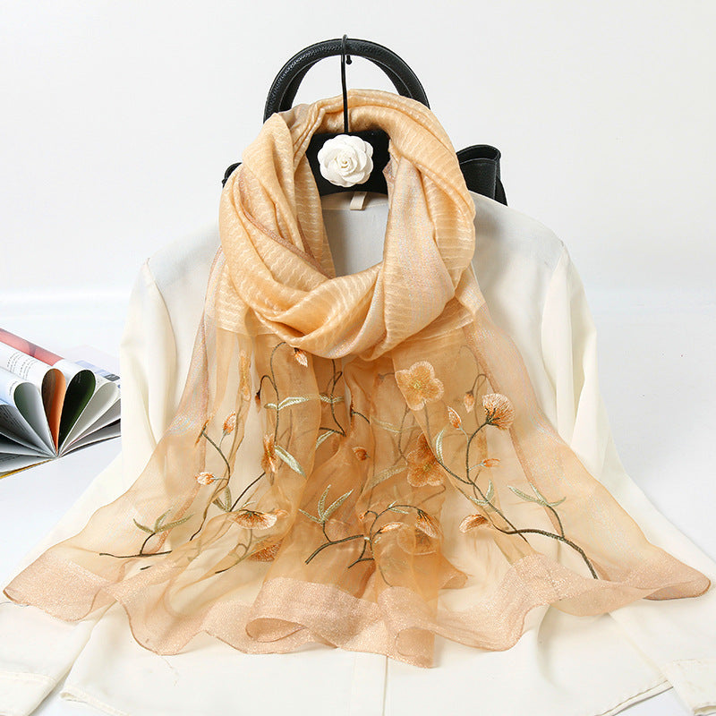 Ladies Embroidered Gold Silk Scarf Embroidered Cheongsam Shawl
