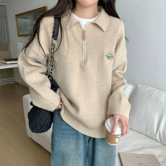 SeoulEase Polo Knit Zip Sweater