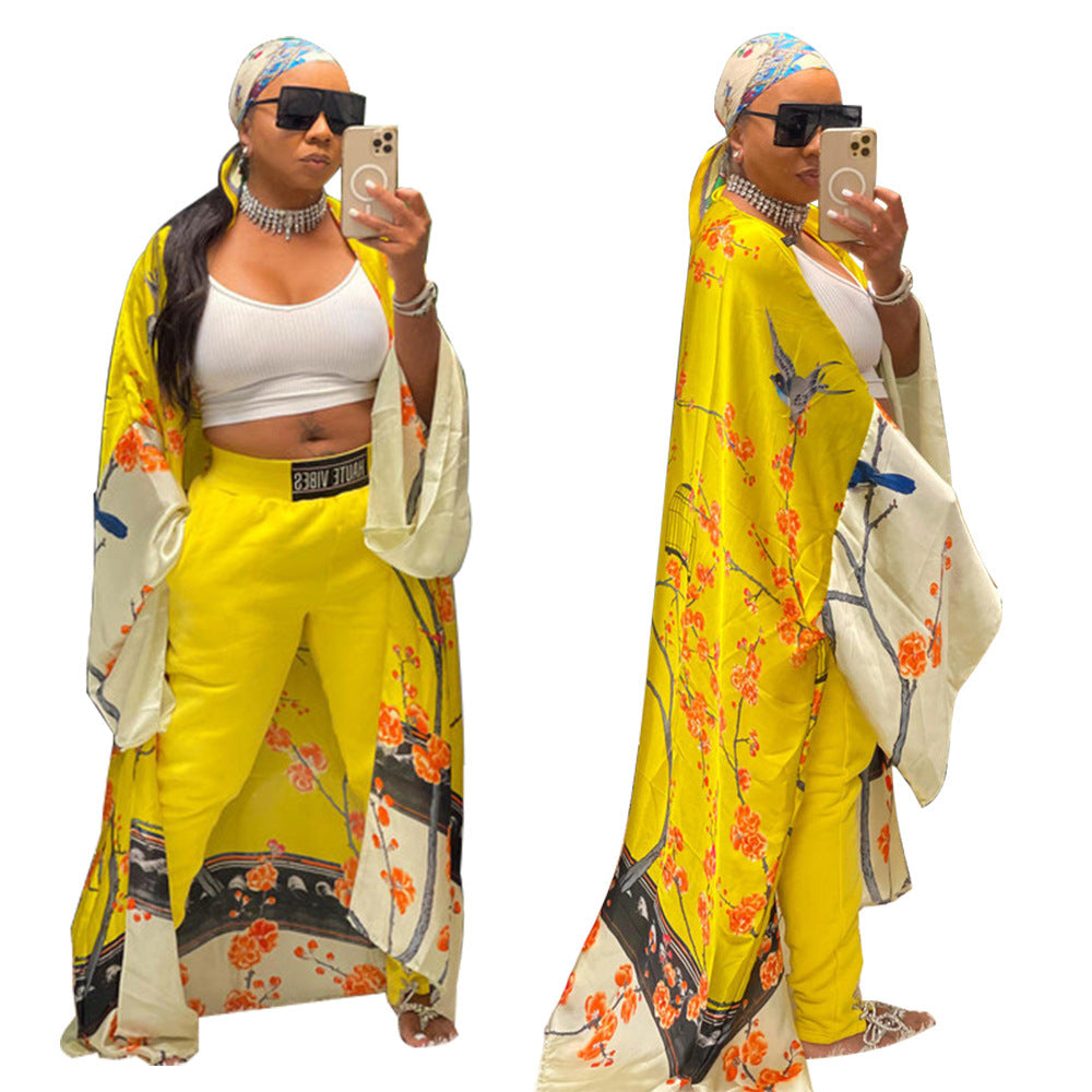 Kimono Silk-like Multi-print Coat