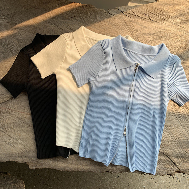 Zip short sleeve ice silk top