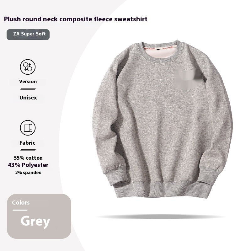 Gray plush round neck composite fleece sweatshirt on a white background with product details.