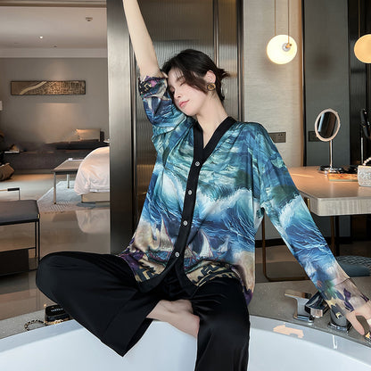 Ladies Ice Silk Pajamas Long Sleeve Cardigan Set