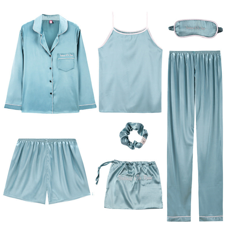Pajamas long-sleeved ice silk seven-piece suit