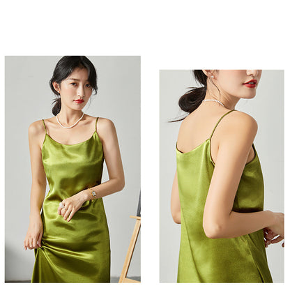 Mid-length silk sling acetate satin dress